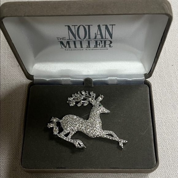 Nolan Miller Sparkling Pave Diamond Rhinestone Silver Deer Brooch